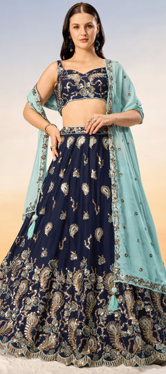 Blue color Lehenga in Georgette fabric with Embroidered, Sequence, Thread work