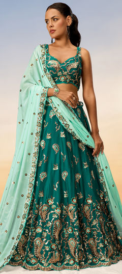 Bridal, Wedding Green color Lehenga in Georgette fabric with Flared Embroidered, Sequence, Thread work : 1952239