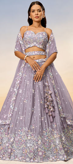 Bridal, Wedding Purple and Violet color Lehenga in Chiffon fabric with Flared Embroidered, Sequence, Thread work : 1952240