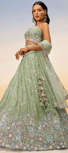 Bridal, Wedding Green color Lehenga in Chiffon fabric with Flared Embroidered, Sequence, Thread work : 1952241