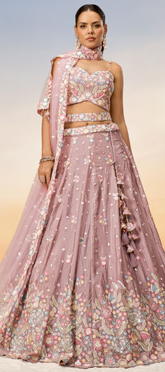 Bridal, Wedding Gold, Pink and Majenta color Lehenga in Chiffon fabric with Flared Embroidered, Sequence, Thread work : 1952243