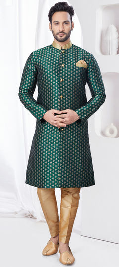 Green color IndoWestern Dress in Jacquard fabric with Weaving work