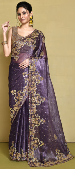 Bridal, Wedding Purple and Violet color Saree in Shimmer fabric with Classic Bugle Beads, Cut Dana, Stone work : 1952287