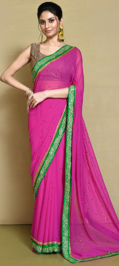 Bridal, Wedding Pink and Majenta color Saree in Georgette fabric with Classic Border, Stone work : 1952288