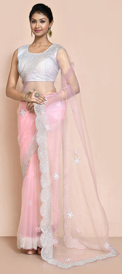 Pink and Majenta color Saree in Organza Silk fabric with Sequence, Thread work