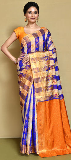 Blue, White and Off White color Saree in Kanjeevaram Silk fabric with Embroidered, Stone, Thread, Weaving work