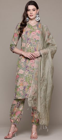 Green color Salwar Kameez in Cotton fabric with Bugle Beads, Floral, Printed, Thread work