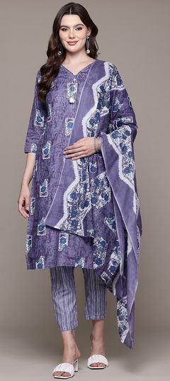 Blue color Salwar Kameez in Cotton fabric with Printed, Sequence, Thread work