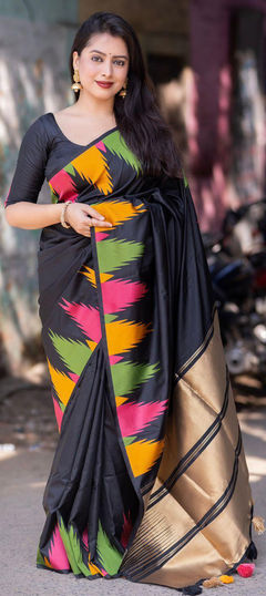 Party Wear, Traditional Black and Grey color Saree in Cotton fabric with Bengali Weaving work : 1952417