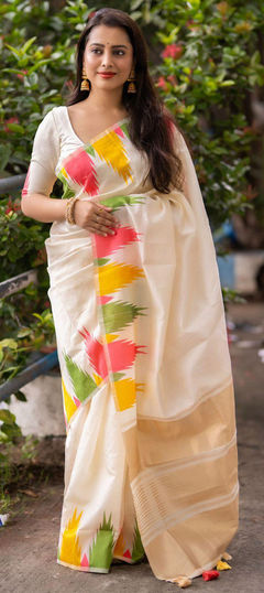 Party Wear, Traditional White and Off White color Saree in Cotton fabric with Bengali Weaving work : 1952418