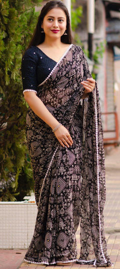 Black and Grey color Saree in Faux Georgette fabric with Lace, Printed work