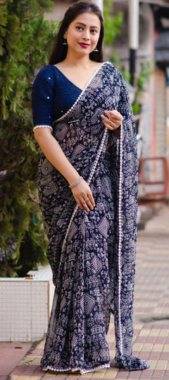 Blue color Saree in Faux Georgette fabric with Lace, Printed work