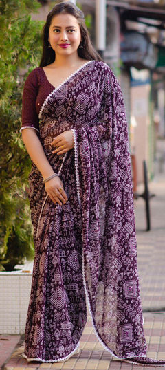 Purple and Violet color Saree in Faux Georgette fabric with Lace, Printed work