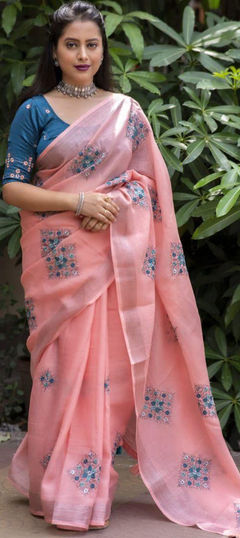 Pink and Majenta color Saree in Linen fabric with Weaving, Zari work