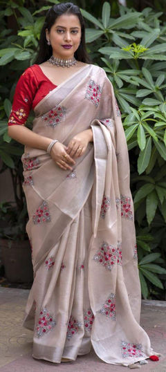 Beige and Brown color Saree in Linen fabric with Weaving, Zari work