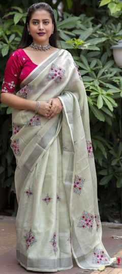 Green color Saree in Linen fabric with Weaving, Zari work