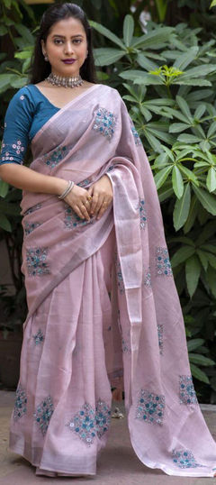 Purple and Violet color Saree in Linen fabric with Weaving, Zari work