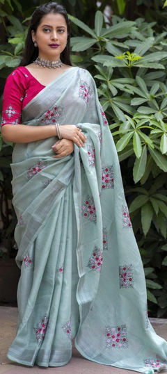 Blue color Saree in Linen fabric with Weaving, Zari work