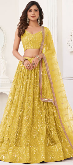 Bridal, Wedding Yellow color Lehenga in Net fabric with Flared Mirror, Sequence, Thread work : 1952467