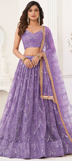 Bridal, Wedding Purple and Violet color Lehenga in Net fabric with Flared Mirror, Sequence, Thread work : 1952468