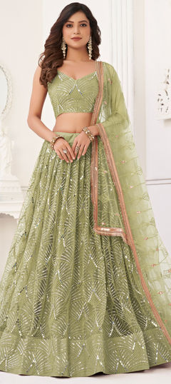 Bridal, Wedding Green color Lehenga in Net fabric with Flared Mirror, Sequence, Thread work : 1952469