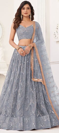 Bridal, Wedding Black and Grey color Lehenga in Net fabric with Flared Mirror, Sequence, Thread work : 1952470