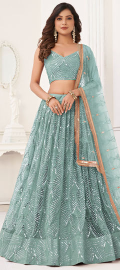 Bridal, Wedding Blue color Lehenga in Net fabric with Flared Mirror, Sequence, Thread work : 1952471