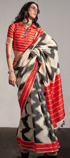 White and Off White color Saree in Silk fabric with Printed, Weaving work