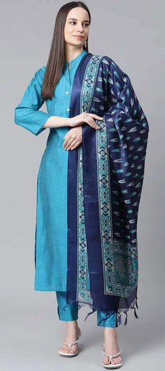 Blue color Salwar Kameez in Cotton fabric with Thread work