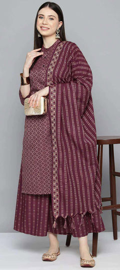 Purple and Violet color Salwar Kameez in Blended Cotton fabric with Weaving work