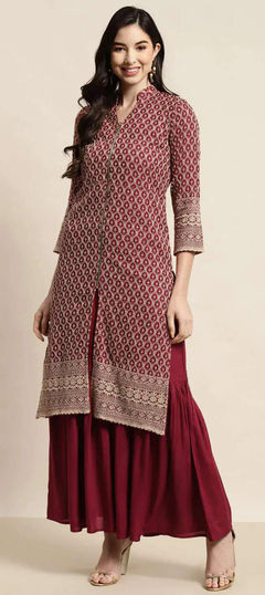 Red and Maroon color Salwar Kameez in Rayon fabric with Embroidered work