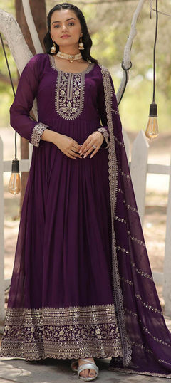 Purple and Violet color Gown in Georgette fabric with Embroidered, Sequence, Thread work
