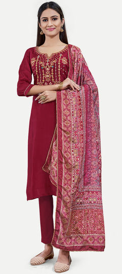 Red and Maroon color Salwar Kameez in Uppada Silk fabric with Embroidered, Printed work