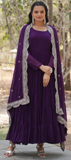 Festive, Mehendi Sangeet, Reception Purple and Violet color Gown in Faux Georgette fabric with Embroidered, Sequence, Thread work : 1952628