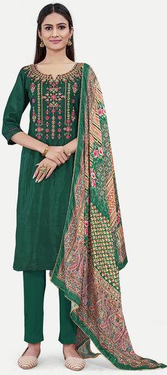 Green color Salwar Kameez in Uppada Silk fabric with Embroidered, Printed work