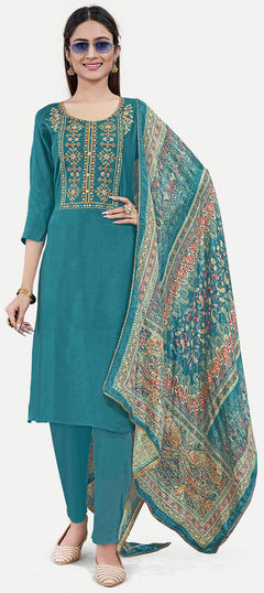 Blue color Salwar Kameez in Uppada Silk fabric with Embroidered, Printed work