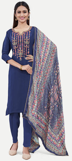 Blue color Salwar Kameez in Uppada Silk fabric with Embroidered, Printed work