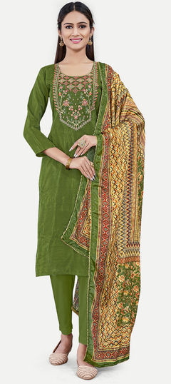 Green color Salwar Kameez in Uppada Silk fabric with Embroidered, Printed work