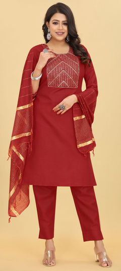 Casual Red and Maroon color Salwar Kameez in Cotton fabric with Straight Embroidered, Sequence, Zari work : 1952640