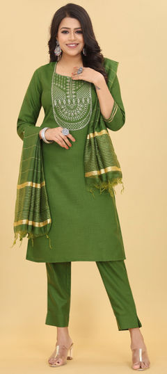 Casual Green color Salwar Kameez in Cotton fabric with Straight Embroidered, Sequence, Zari work : 1952642