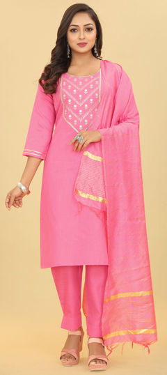 Casual Pink and Majenta color Salwar Kameez in Cotton fabric with Straight Embroidered, Sequence, Zari work : 1952643