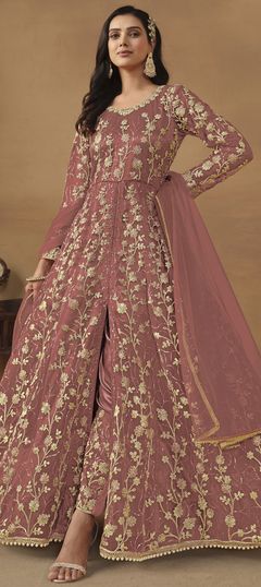 Pink and Majenta color Salwar Kameez in Net fabric with Embroidered, Sequence, Thread work