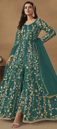 Green color Salwar Kameez in Net fabric with Embroidered, Sequence, Thread work