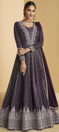 Engagement, Mehendi Sangeet, Wedding Purple and Violet color Gown in Georgette fabric with Embroidered, Sequence, Thread, Zari work : 1952657