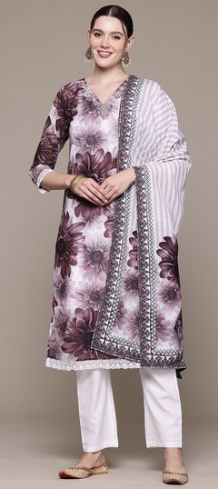 Purple and Violet color Salwar Kameez in Cotton fabric with Embroidered, Floral, Lace, Printed, Resham, Thread work