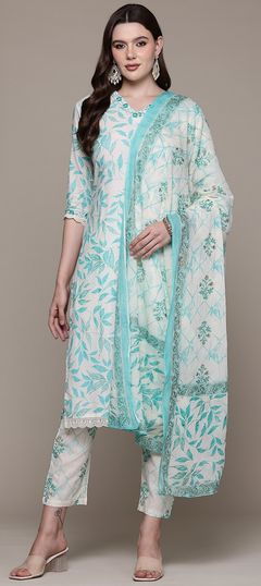 Blue color Salwar Kameez in Cotton fabric with Embroidered, Printed, Resham, Thread work