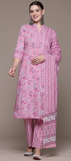 Pink and Majenta color Salwar Kameez in Cotton fabric with Bugle Beads, Floral, Printed, Sequence work