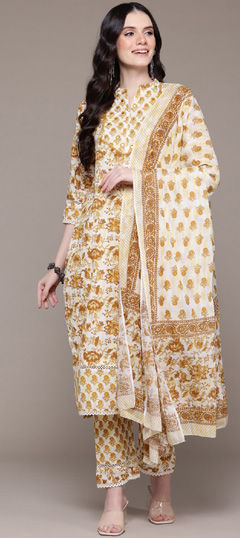 Yellow color Salwar Kameez in Cotton fabric with Floral, Lace, Mirror, Printed, Sequence work