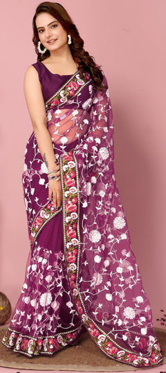 Purple and Violet color Saree in Net fabric with Embroidered, Resham, Thread work