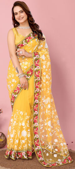 Yellow color Saree in Net fabric with Embroidered, Resham, Thread work